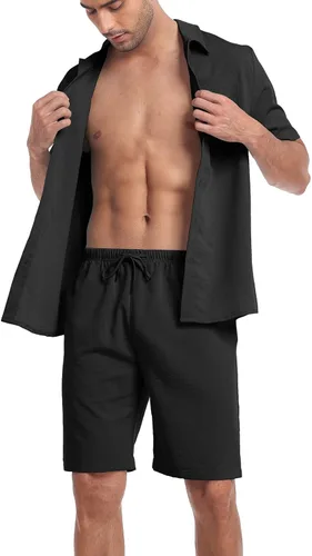 Miniatura 2 de MoFiz Conjunto de pantalones cortos para hombre, camisas con botones, pantalones cortos, casual, playa, 2 picece, conjunto de verano, más ligero