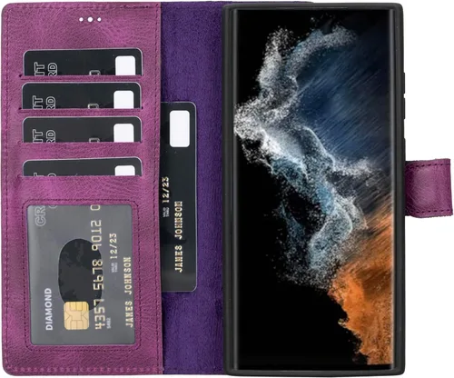 Miniatura 44 de HARDISTON Funda de piel compatible con Samsung Galaxy S22 Ultra – Funda magnética fuerte desmontable hecha a mano con tarjeteros y soporte, Negro