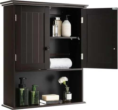 Miniatura 11 de COSTWAY Armario de baño montado en la pared, armario de almacenamiento sobre el inodoro con puertas dobles y estante ajustable, botiquín colgante