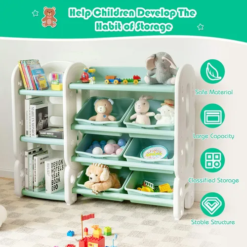 Miniatura 5 de HONEY JOY Organizador de almacenamiento de juguetes para niños de 4 niveles con 6 contenedores, unidad de almacenamiento de juguetes 2 en 1 con Verde