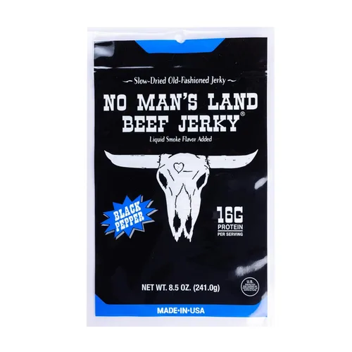 Miniatura 11 de No Mans Land Beef Jerky - Pimienta negra Tiras de carne seca secadas lentamente, ahumadas y sazonadas Bocadillo de carne de res alto