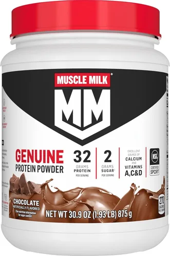 Muscle Milk Proteína en polvo auténtica, chocolate, 1.93 libras, 13 porciones, 32g de proteína, 2g de azúcar, calcio, vitaminas A, C y D,