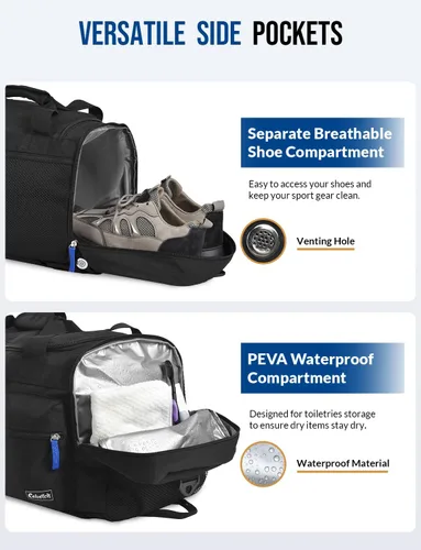 Miniatura 4 de Bolsa de gimnasio con compartimento para zapatos, bolsa de viaje deportiva 3 en 1, mochila de viaje para fin de semana con bolsillo húmedo, Negro