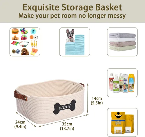 Miniatura 3 de Cesta de almacenamiento de juguetes de cuerda de algodón para perros, tamaño mediano, contenedor de juguetes para perros con asa, organizador