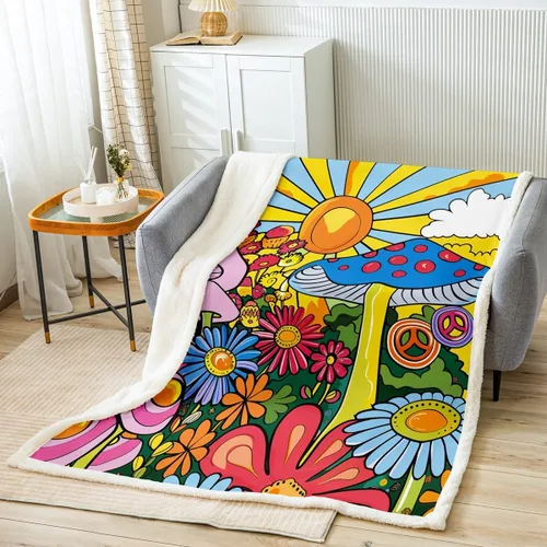 Miniatura 2 de Manta de vellón Kawaii Mushroom Boho – Hippie Groovy Floral Sherpa Queen – 60s 70s Retro Vintage Theme Throw – Chic Daisy Flower Plush Geometric