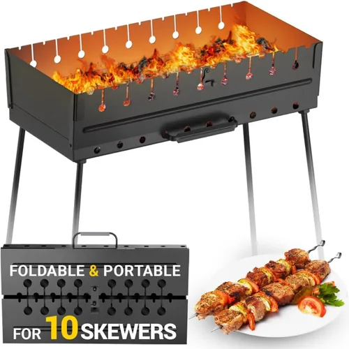 Parrilla de carbón para 10 pinchos - Barbacoa portátil Mangal - Parrilla metálica plegable para Shashlik, Kebab, Picnic, Cocina al aire libre