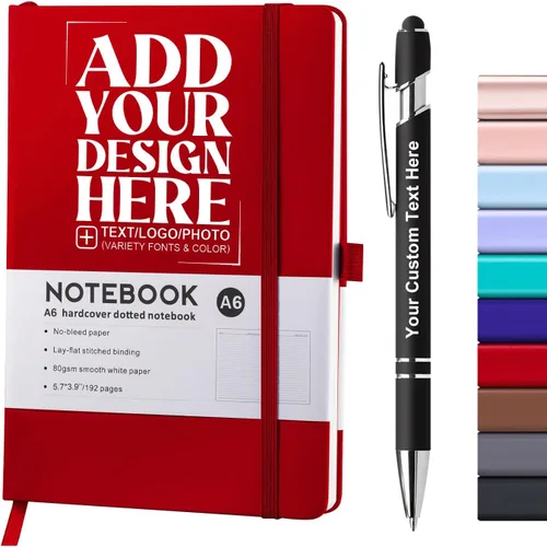 Cuaderno personalizado con bolígrafo, cuaderno A6 personalizable con logotipo/texto/imagen personalizados para el trabajo, la escuela, 192 páginas