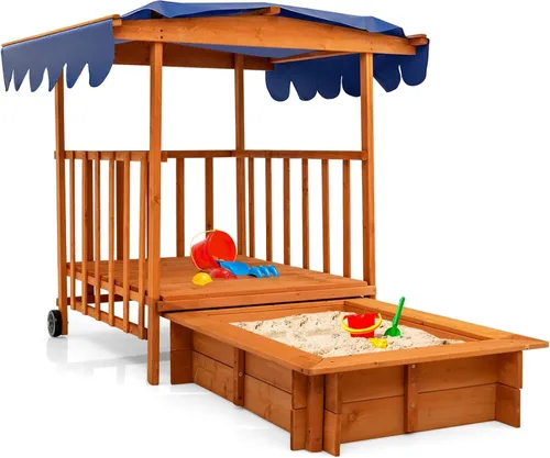 Costzon Caja de Arena Retráctil para Niños con Toldo, Casa de Juegos Cabaña de Madera de Cedro con Área de Juego Grande, Ruedas Traseras y