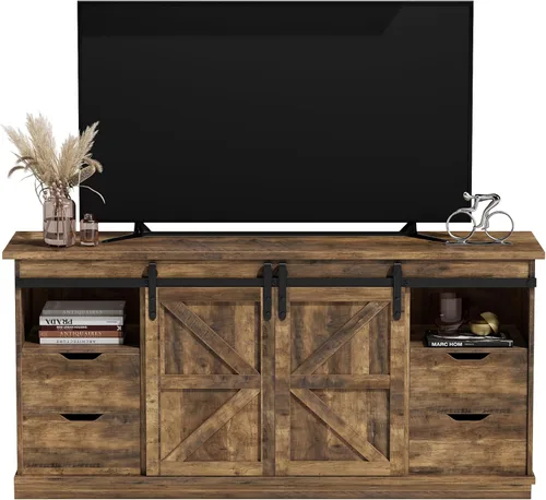 Miniatura 12 de JUMMICO Soporte de TV con 4 cajones para TV de 65 pulgadas, centro de entretenimiento de granja con almacenamiento y puertas corredizas de granero