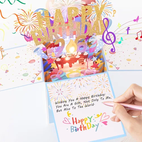 Miniatura 5 de Tarjetas de cumpleaños número 26 con luces, música y velas, tarjetas de felicitación de feliz cumpleaños emergentes en 3D para niñas y amigos de 26