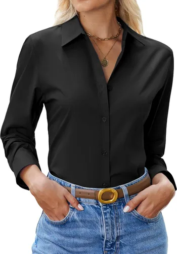 siliteelon Camisa con botones para mujer: camisa de vestir con cuello de manga larga de algodón con botones, blusa de trabajo y oficina