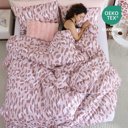 Miniatura 3 de JANZAA Juego de edredón tamaño Individual, juego de cama beige con estampado de leopardo, ropa de cama elegante y con estilo con estampado de animal