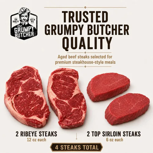 Miniatura 6 de Caja de regalo de 4 filetes Grumpy Butcher – 2 filetes de entrecot (12 oz) y 2 filetes de solomillo superior (6 oz) – Sampler de carne Angus