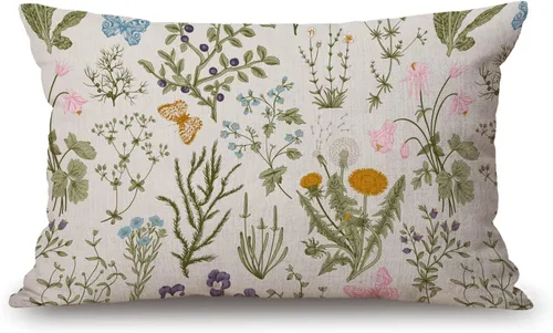 Solekla Funda de Almohada Decorativa de Cojín de Algodón y Lino Botánico con Plantas de Jardín Vintage con Hierbas y Flores para Sofá, Cama y Jcp04
