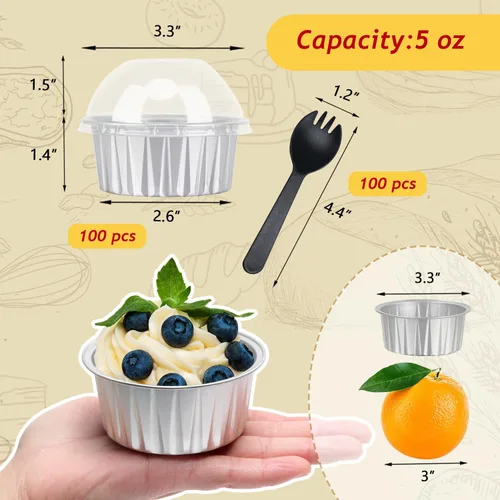Miniatura 2 de LNYZQUS Moldes para Cupcakes de 5 oz, Moldes para Muffins con Tapas, Paquete de 100, Moldes para Hornear Mini Pasteles de Papel de Aluminio, Plateado