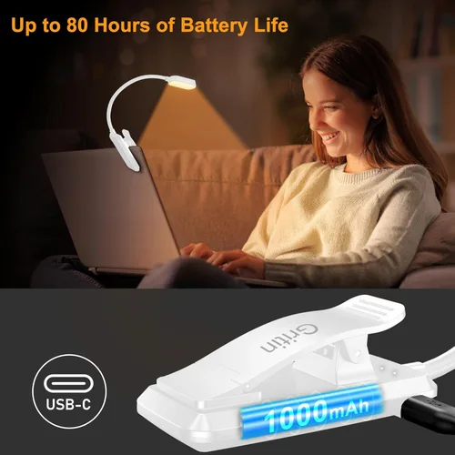 Miniatura 6 de Gritin Luz de libro recargable de 16 LED para leer en la cama, cuidado de los ojos, 3 temperaturas de color, brillo de atenuación continua, 80 horas