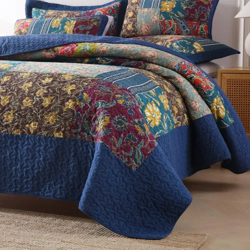 Miniatura 4 de VISIMISI - Juego de colcha de algodón, juego de cubrecama reversible de retazos, 3 piezas, diseño vintage floral de mosaico azul, tamaño queen