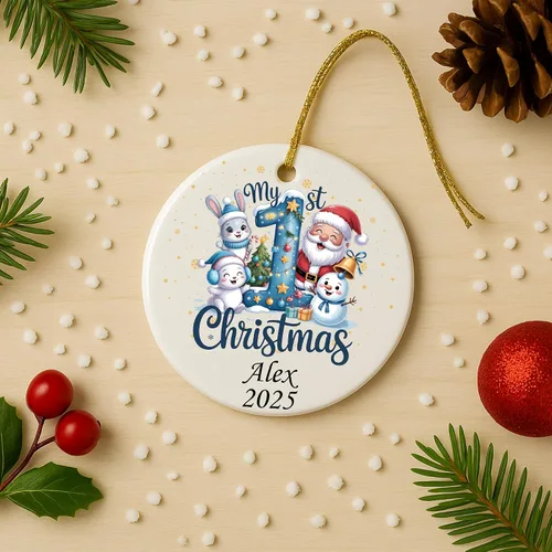 Miniatura 7 de Adorno personalizado de mi primera Navidad 2025 – Recuerdo redondo de cerámica con nombre personalizado – Decoración de árbol de Navidad para bebés