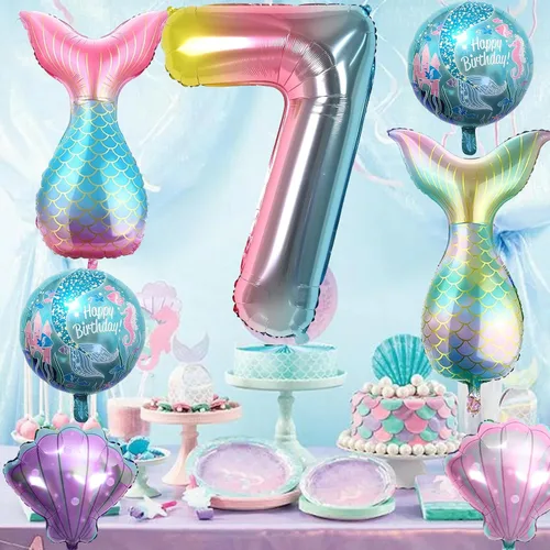 Miniatura 2 de Decoraciones de cumpleaños de sirena para la 7ª niña, kit de globos rosa y azul, globos de cola de mar para niñas, fiesta de sirena, baby shower