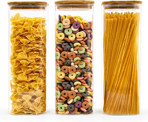 Miniatura 24 de SHOWIN Tarros de almacenamiento de pasta de vidrio de 73 onzas, tarros altos de vidrio con tapas de bambú, contenedor de espagueti, juego de 3