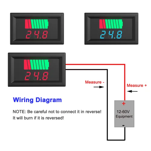 Miniatura 6 de Medidor de batería de CC, indicador de voltaje de capacidad de batería 2 en 1, 12 V, 24 V, 36 V, 48 V, 60 V, probador de batería digital LED