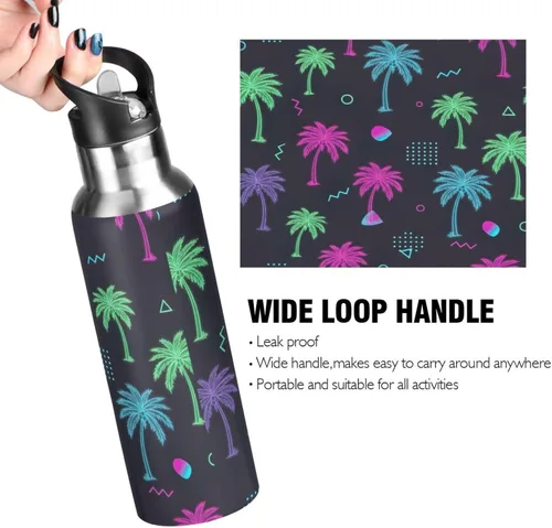 Miniatura 4 de Insulated Stainless Steel Water Bottle with Straw 20 Oz, Leakproof Water Bottles for Gym Outdoor Travel School, Tropical Palm Trees Neon