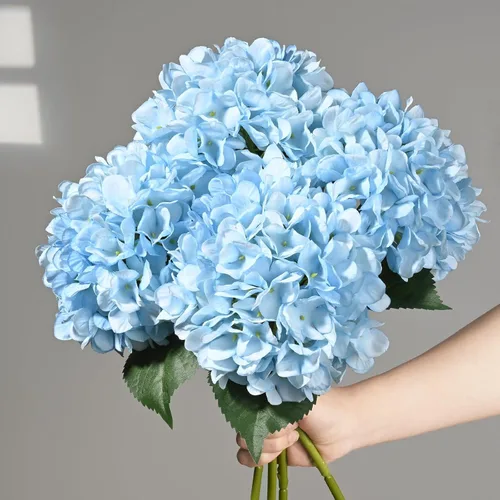 BLEUM CADE 8 flores artificiales de hortensias azules con tallos realistas, flores azules falsas grandes de 18 pulgadas, flores artificiales para