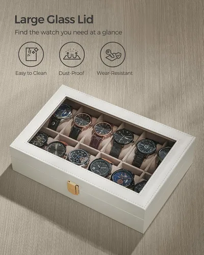 Miniatura 5 de SONGMICS Caja de reloj, caja de reloj de 12 ranuras con tapa de vidrio grande, almohadas extraíbles para reloj, organizador de caja de reloj, regalo
