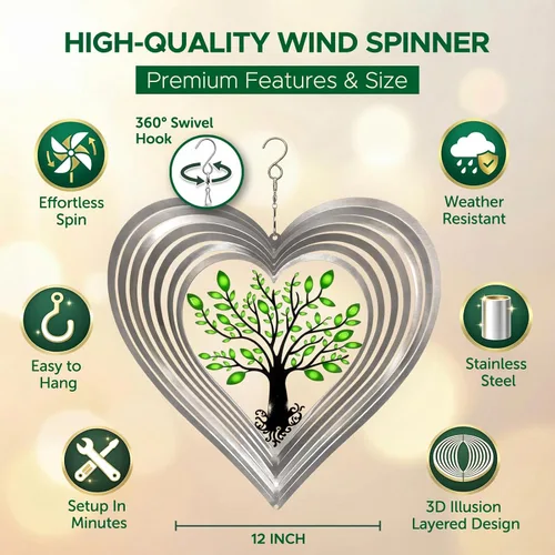 Miniatura 3 de ISEO Molinillo de viento de corazón plateado para patio y jardín, decoración colgante al aire libre, decoraciones de porche y patio, resistente a