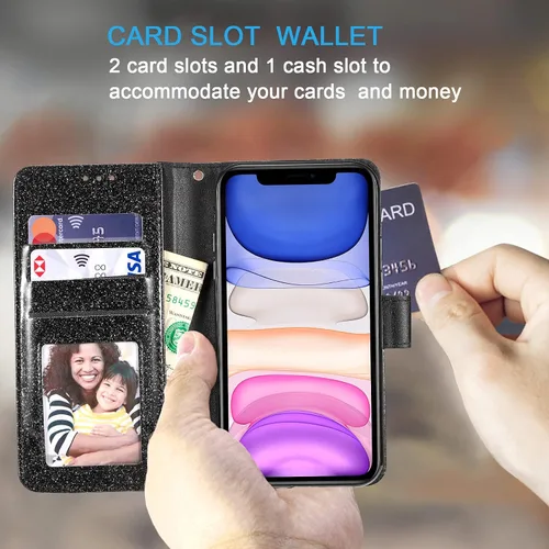 Miniatura 2 de UEEBAI Funda tipo cartera para iPhone 11, funda de piel sintética con purpurina para teléfono, ranuras para tarjetas, funda con función atril