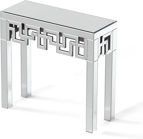 Miniatura 5 de Mesa consola plateada con acabado de espejo, moderna mesa de entrada de cristal, diseño geométrico, 32 pulgadas de ancho, mesa de consola pequeña