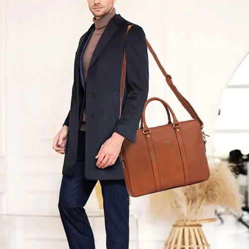 Miniatura 3 de Banuce Maletín de cuero italiano de grano completo para hombre, funda de 14 pulgadas, bolsa de trabajo para laptop, Beige, Maletín de cuero