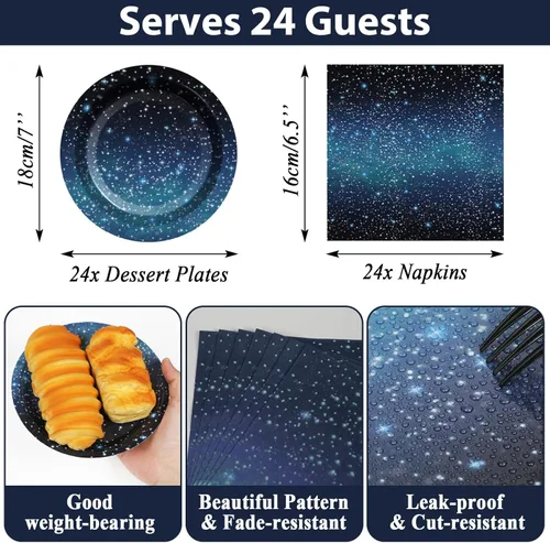 Miniatura 2 de Galaxy Party Supplies sirve 24 platos de papel para fiesta de noche estrellada, servilletas, temática espacial, juego de vajilla para niños, fiesta