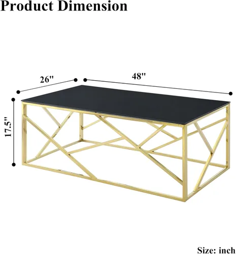 Miniatura 2 de SSLine Mesa de centro de cristal negro con patas de acero inoxidable doradas, mesa de centro rectangular de lujo para sala de estar, moderna