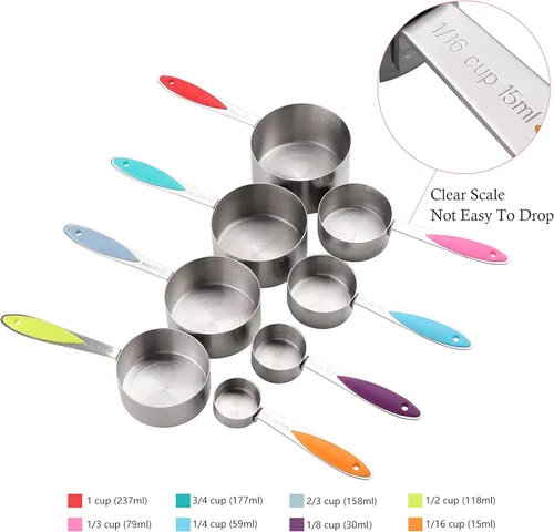 Miniatura 2 de Juego de tazas y cucharas medidoras de acero inoxidable, incluye 8 tazas medidoras apilables, 8 cucharas medidoras magnéticas de doble cara con 1