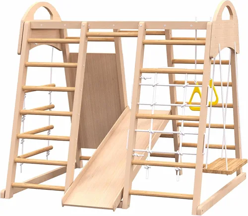 Miniatura 7 de Juego de gimnasio 7 en 1 para interiores, escalador Montessori con tobogán, pared de escalada, escalador de pared de cuerda, barras de mono