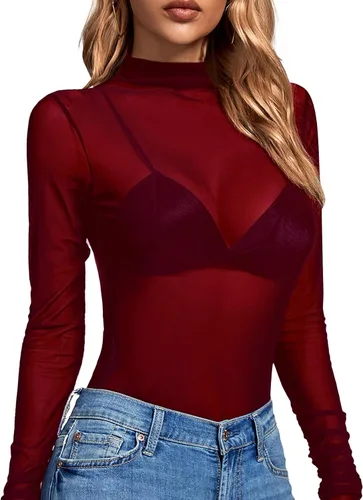 Miniatura 4 de Rooscier Blusa sexy de malla transparente para mujer, cuello alto falso, manga larga, ajustada