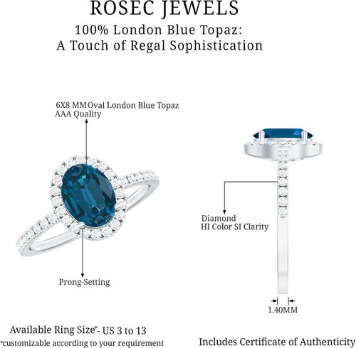 Miniatura 6 de Anillo de compromiso de topacio azul natural de Londres de 0.236 x 0.315 in, calidad AAA, anillo solitario de diamante de topacio azul, listo