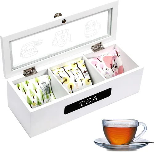 Organizador de bolsas de té, organizador de bolsas de té de madera blanca con 3 compartimentos, organizador de soporte de té, caja de almacenamiento