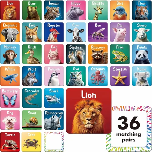 Miniatura 13 de Hebayy Juego de 36 pares de animales a juego, 72 tarjetas didácticas en español, 36 diseños, tarjetas de memoria, juguetes educativos de aprendizaje