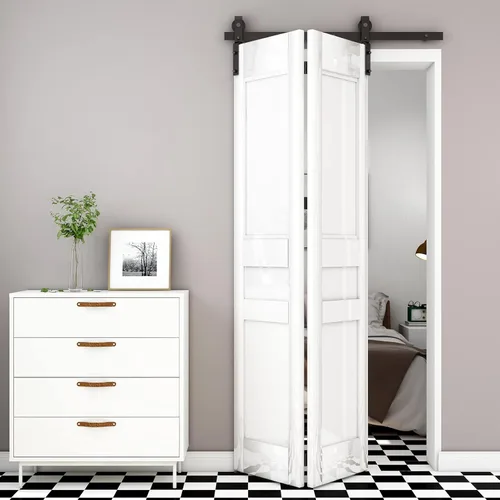 Miniatura 5 de Kit de rieles de herrajes para puerta corredera plegable de granero de 52", suave y silencioso, rodillo negro montado lateralmente, fácil