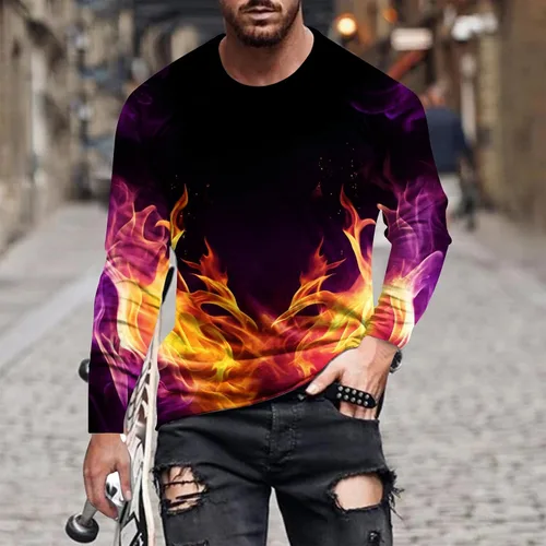 Miniatura 2 de Flame Graphic T-Shirt Tees Mens Long Sleeve Workout Tops Slim Fit Lightweight Round-Neck Pullover Tunic Hip Hop Tee