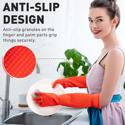 Miniatura 4 de ThxToms Guantes de goma para limpieza de platos (2 pares), forrados con forro polar, reutilizables, impermeables, con puño extralargo y diseño