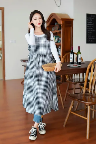 Miniatura 4 de Vestido de delantal a cuadros, delantal japonés de lino y algodón con espalda cruzada para mujer con bolsillos, vestido corto con lazos en la cintura