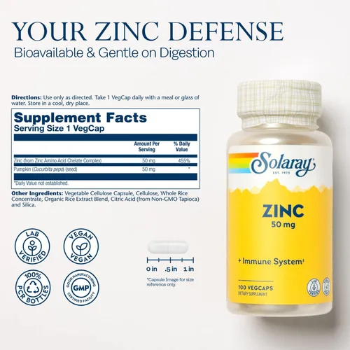 Miniatura 2 de Solaray Cápsulas de apoyo inmunológico de zinc de 50 mg, 100 unidades, veganas, semillas de calabaza