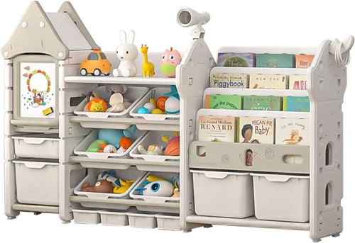Miniatura 10 de UNICOO Organizador de almacenamiento de juguetes para niños con estantería, organizador de sala de juegos de 14 cubos y estantería, estante de Marrón