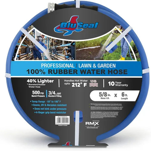 Miniatura 9 de BluSeal - Manguera de jardín de goma para agua caliente/fría, 100% goma, ultraligera, súper fuerte, 500 PSI, 50F a 190F grados, poliéster trenzado