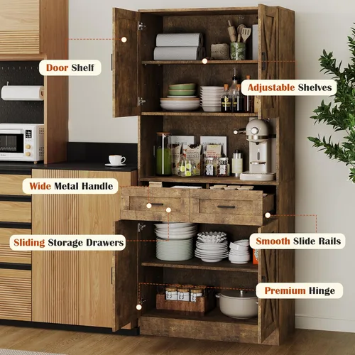 Miniatura 4 de Armario de despensa de cocina de granja de 71 pulgadas de alto, armario independiente de almacenamiento, gabinete de cocina moderno con soporte