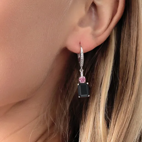 Miniatura 3 de Gem Stone King Aretes colgantes de plata de ley 925 de ónix negro octágono rosa cultivado en laboratorio de 492 quilates para mujer Gema Metal