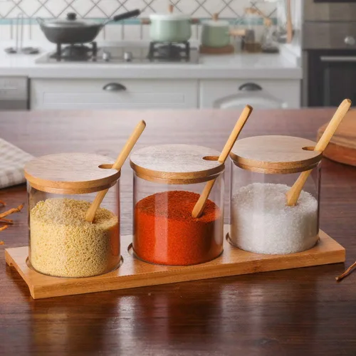 Miniatura 8 de Lawei Juego de 3 tarros de condimentos con tapas y cucharas – Tazones de cristal para azúcar y sal para servir azúcar, especias y sal